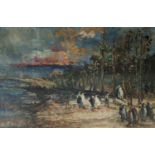 Paul Verona (1897-1966), oil on board, Figures on the shore at sunset, signed, 37 x 56cm, unframed