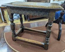 A 17th century style rectangular oak joint stool, width 56cm, depth 28cm, height 47cm