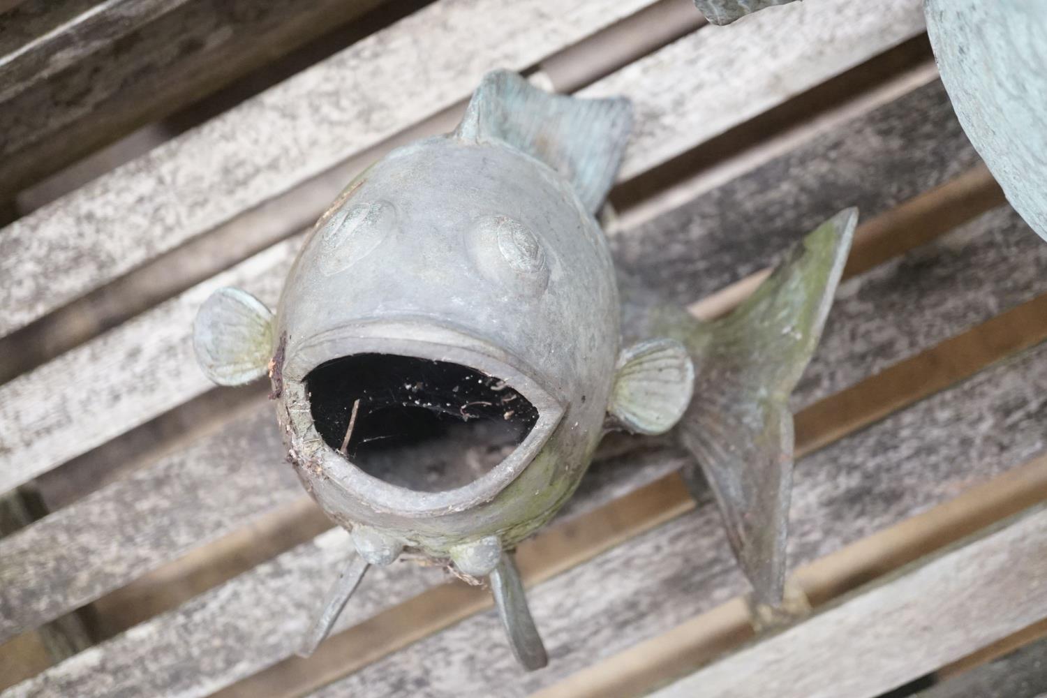 Three cast metal carp garden ornaments, largest 60cm height 46cm - Image 6 of 6