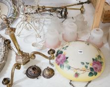 A glass rose decorated plaffonier and various hanging light fittings