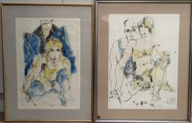 Inge Clayton (1942-2010), two monotype prints with watercolour, Figure studies, signed and dated '