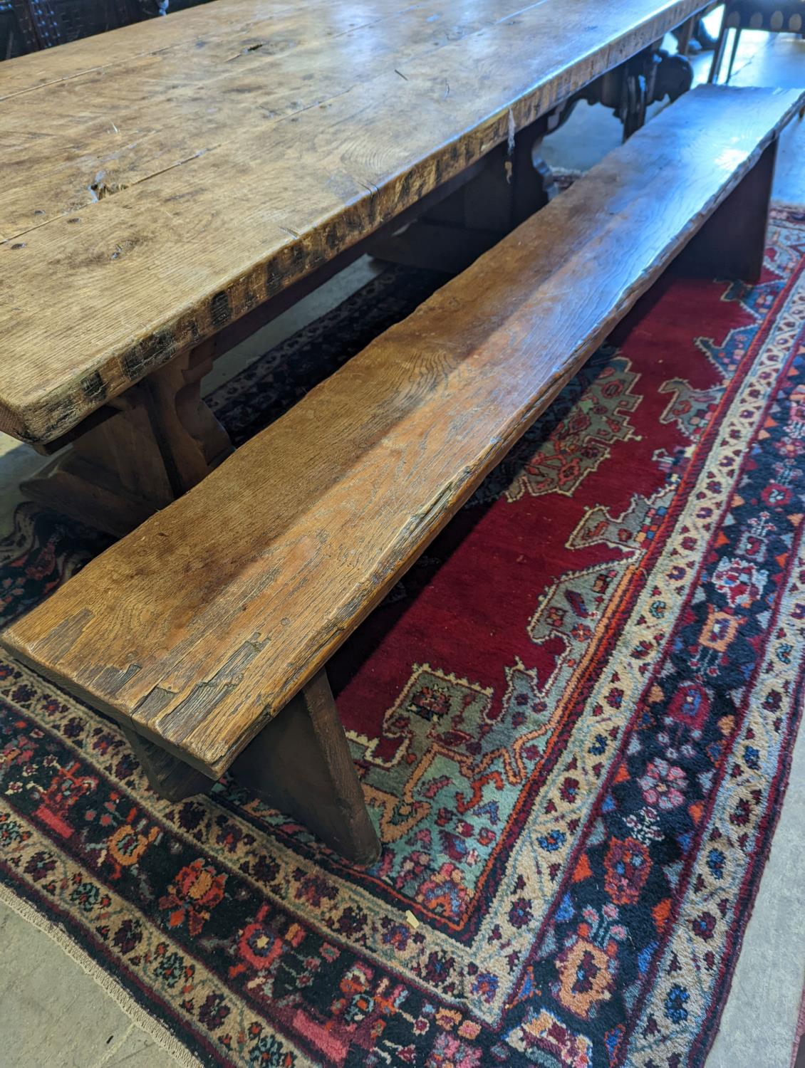 A pair of 18th century style oak benches, length 234cm, depth 30cm, height 46cm - Image 4 of 5