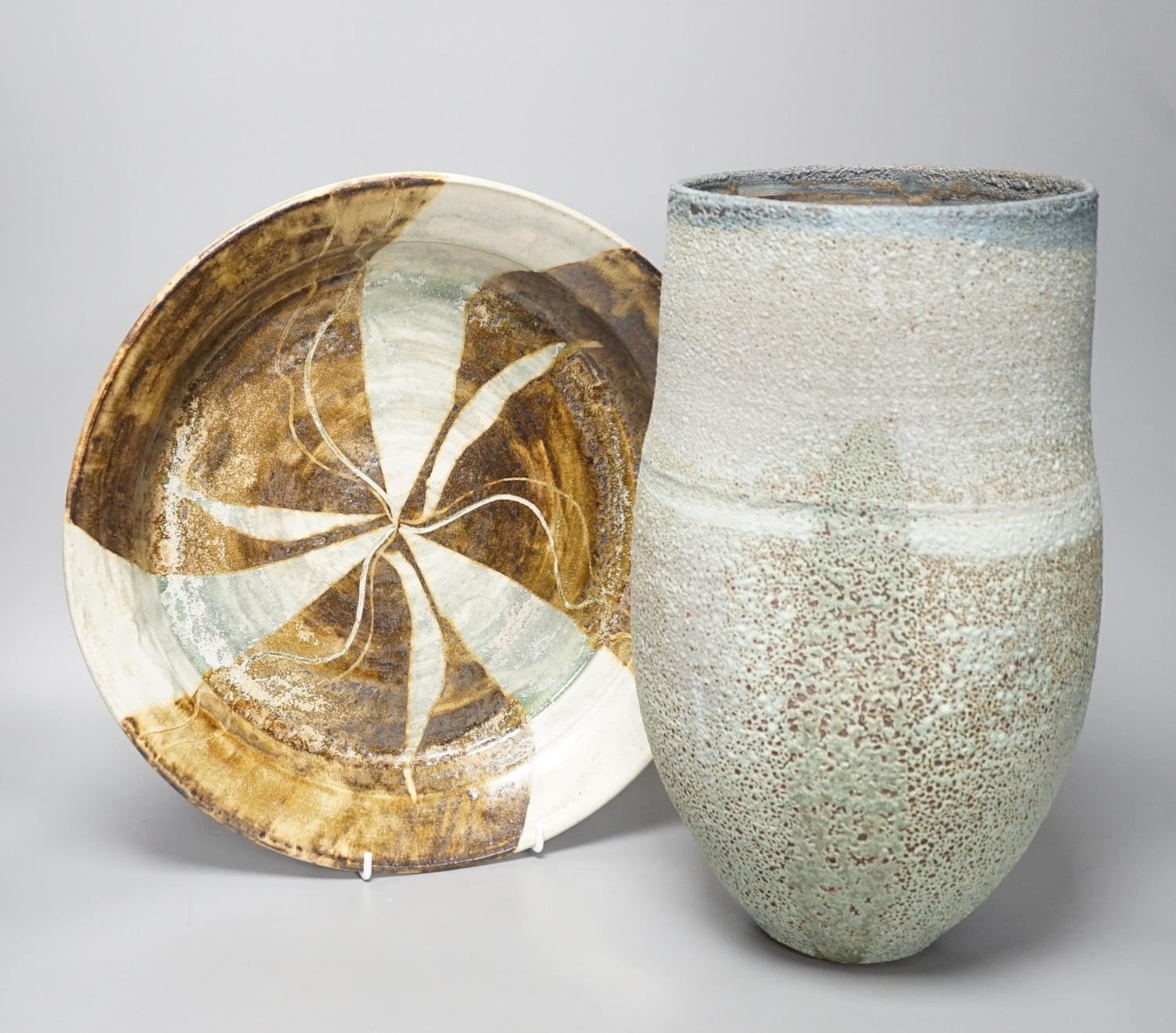 A large raku studio pottery vase, height 33cm, and a stoneware dish - Image 2 of 6