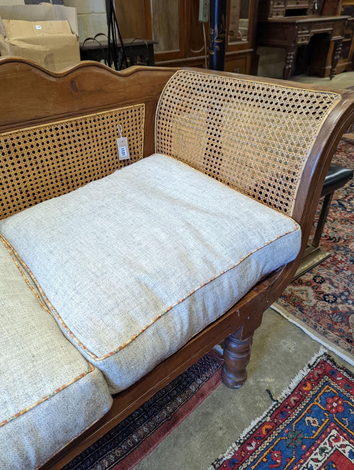 A Colonial caned teak settee with loose cushion seat, length 214cm, depth 62cm, height 95cm - Image 4 of 6