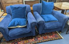 A pair of George Smith blue fabric armchairs, width 90cm, depth 100cm, height 80cm