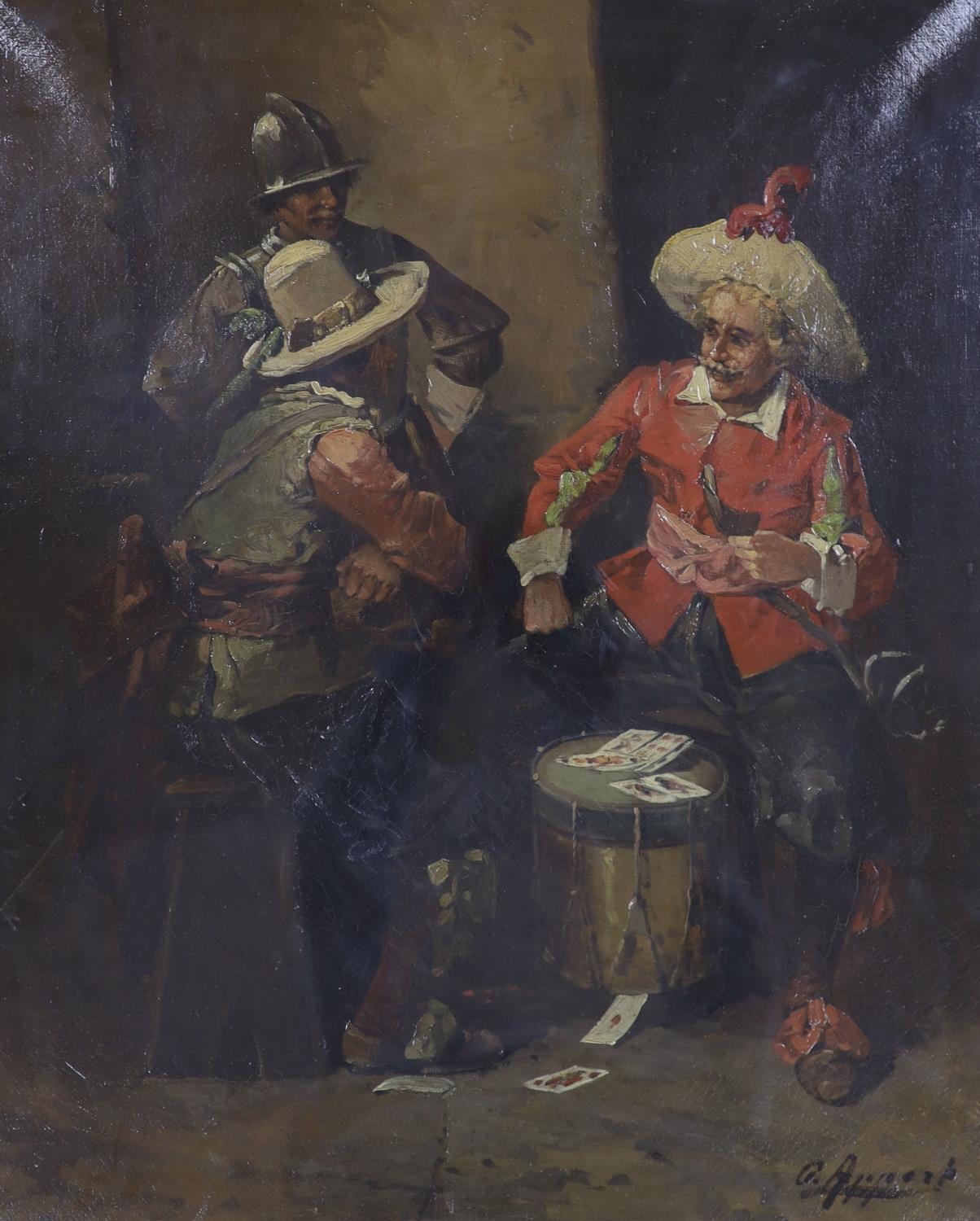 Italian School c.1900, oil on canvas, Cavaliers playing cards, indistinctly signed, 63 x 52cm