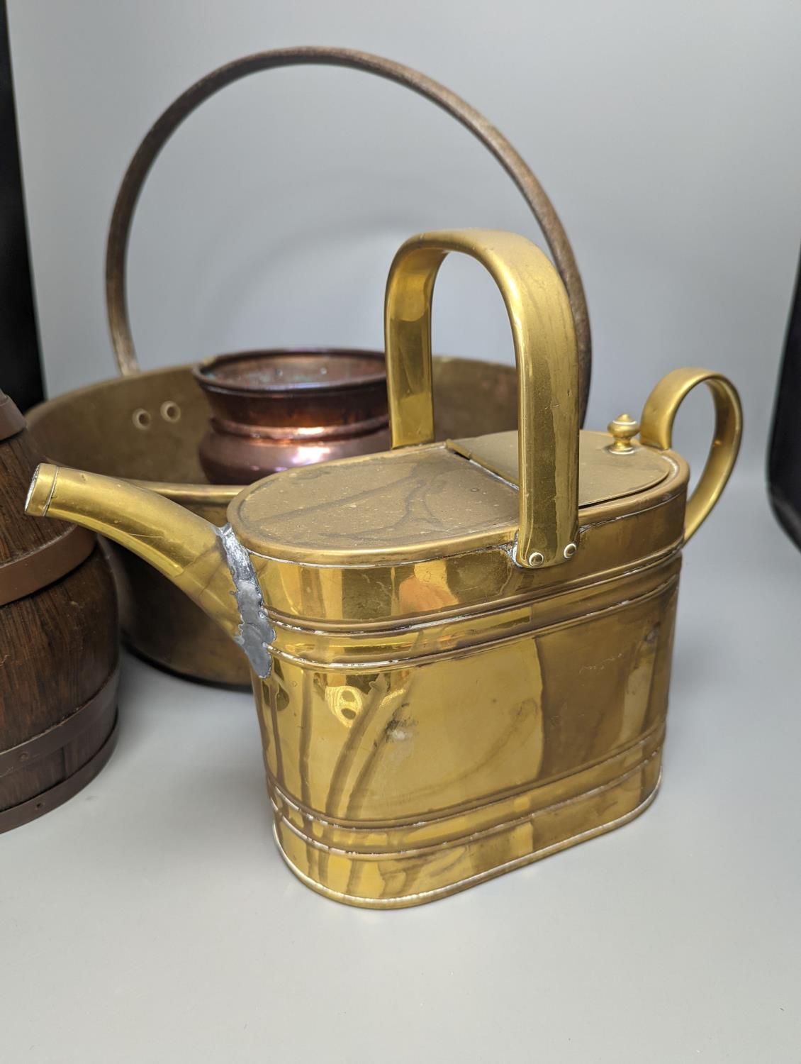 A studded copper pail, a coopered oak jug and other copper and brass warescoopered jug 28cm high - Image 2 of 4