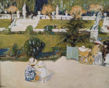 Continental School, oil on card, Children in a park, signed Srenler, 19 x 24cm