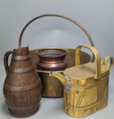 A studded copper pail, a coopered oak jug and other copper and brass warescoopered jug 28cm high