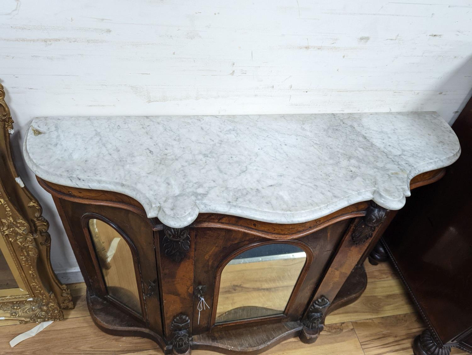 A late Victorian walnut and marble topped serpentine front side cabinet, width 120cm, depth 36cm, - Image 3 of 4