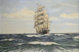 20th century Marine School, oil on canvas, "Tea Clipper, Sir Lancelot" signed indistinctly J.R.