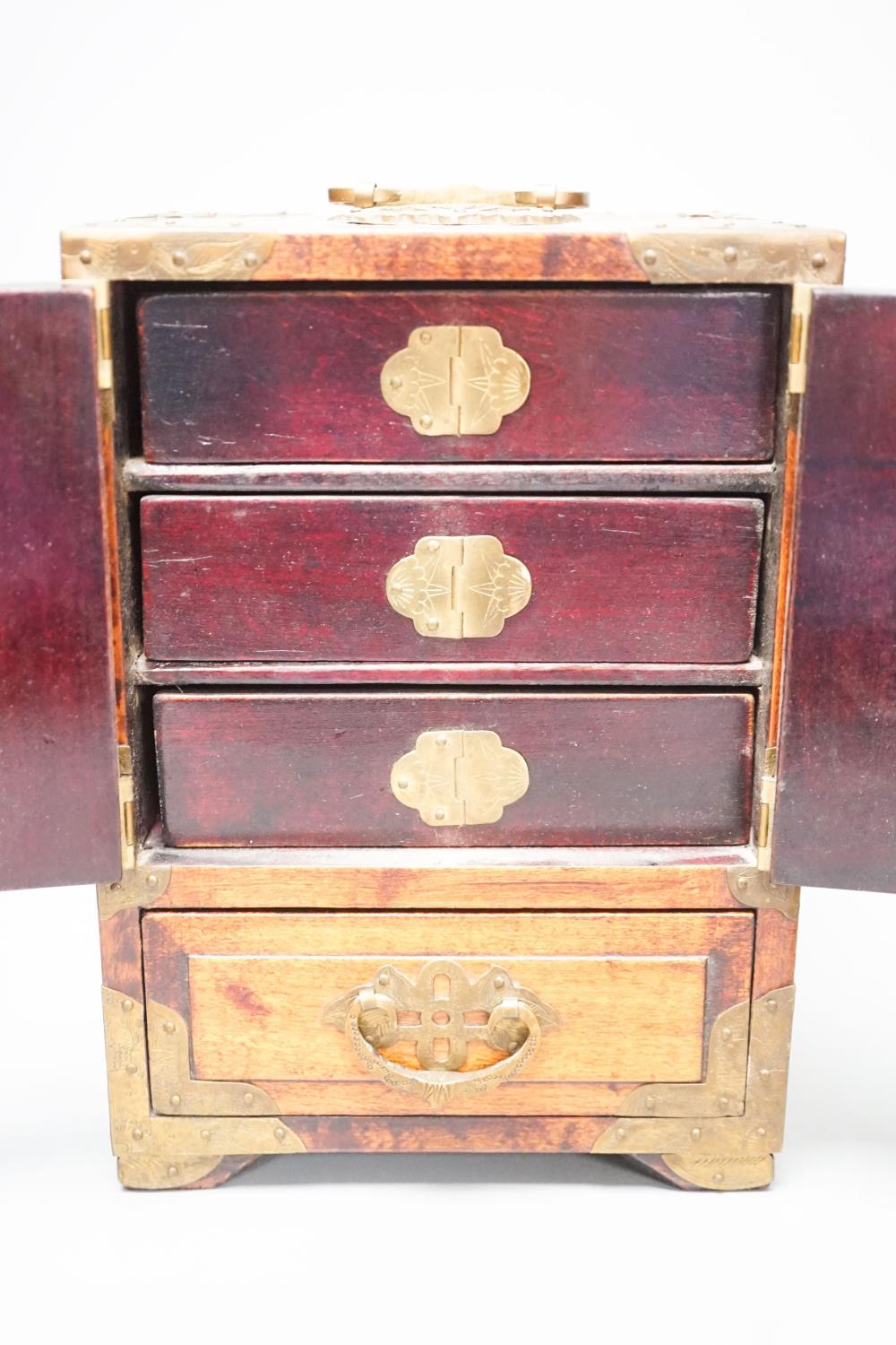 A Chinese brass-mounted table cabinet, height 22cm and a similar jewellery box - Image 7 of 10