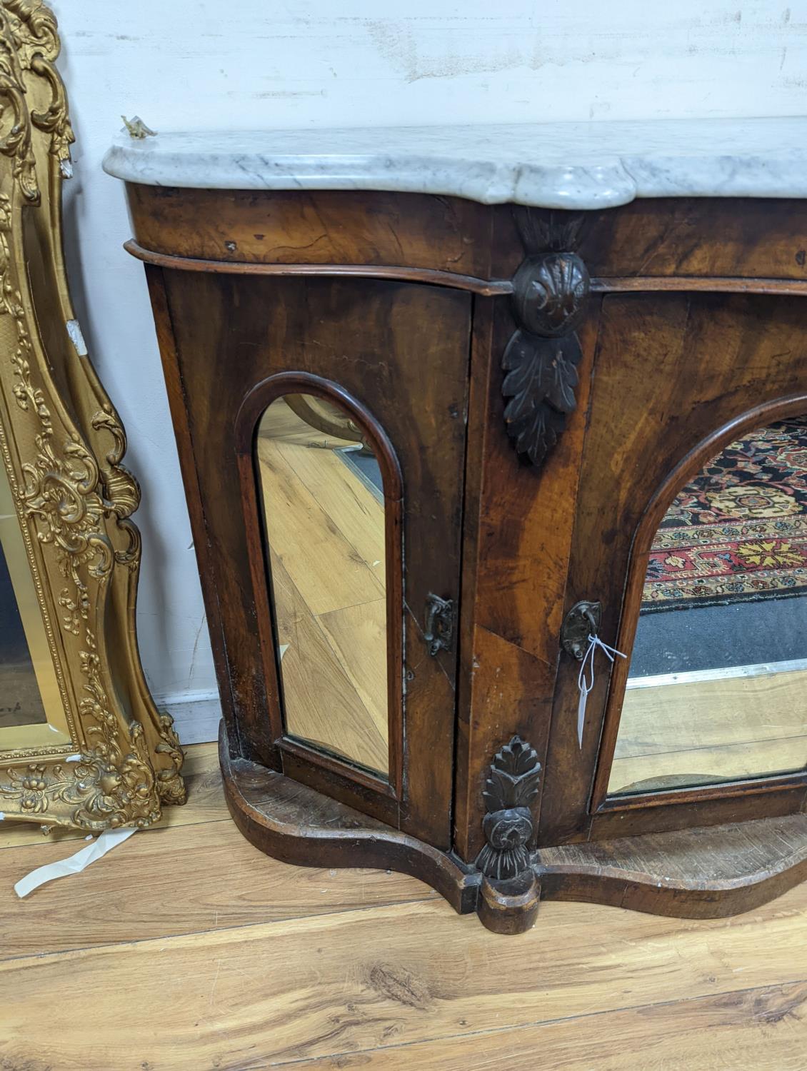 A late Victorian walnut and marble topped serpentine front side cabinet, width 120cm, depth 36cm, - Image 2 of 4