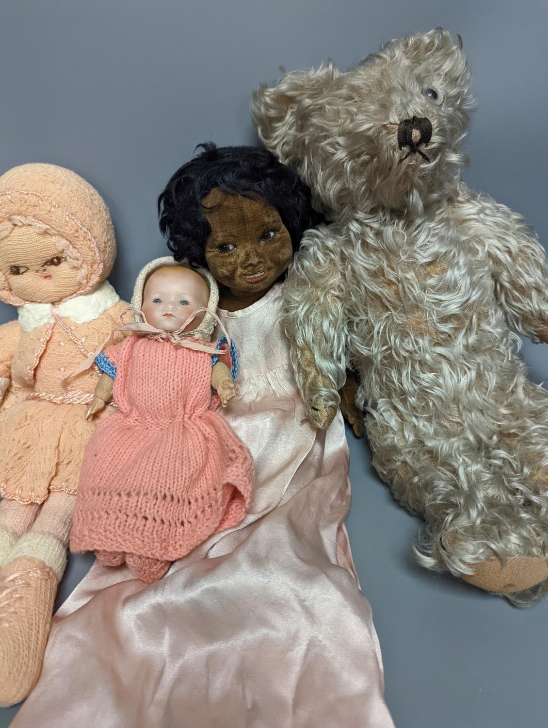 A Nora Wellings type mulatto doll and an Armmand Marseille doll 341, teddy etc, mulatto doll 43cms - Image 4 of 5