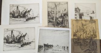 Nelson Dawson (1859-1941), six assorted etchings and an original sketch1. Whitby harbour with the