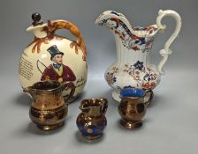 Crown Devon "John Peel" musical flask and various copper lustre jugs (3)