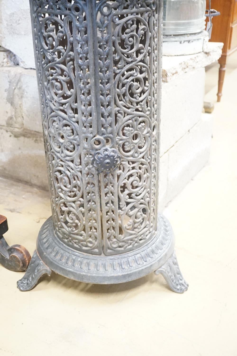 A French pierced enamel cylindrical cast iron conservatory heater, height 110cm - Image 4 of 4