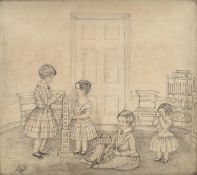 English School c.1900, pencil on paper, Children in a nursery, 24 x 27cm