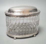 A Victorian engraved silver mounted cut glass oval biscuit barrel, double stamped maker's mark,