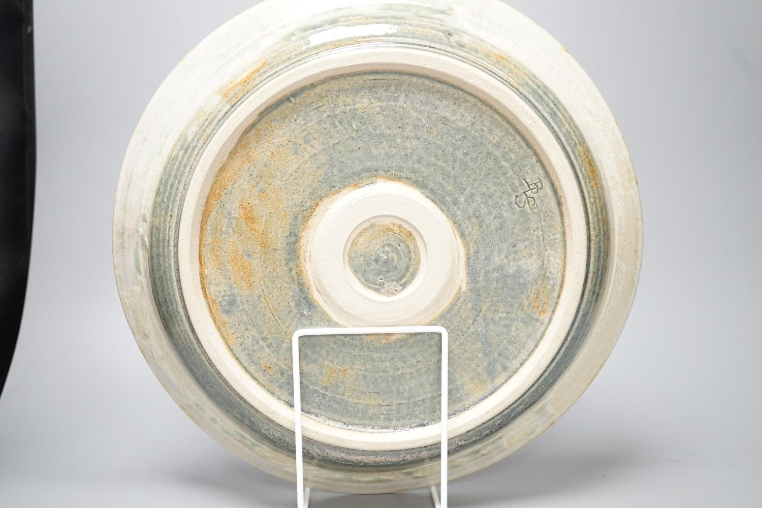 A large raku studio pottery vase, height 33cm, and a stoneware dish - Image 6 of 6