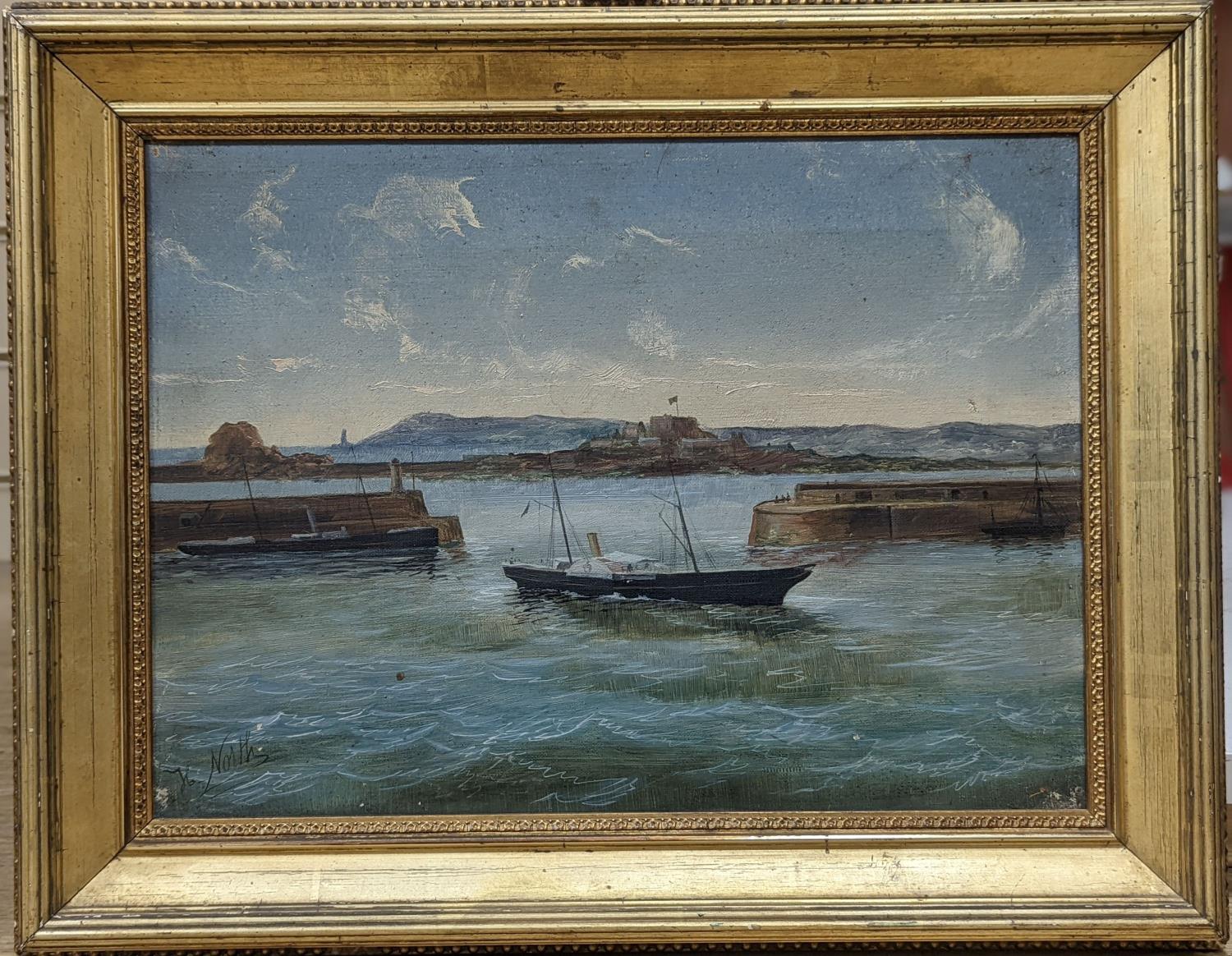 H. North (19thC), oil on canvas, Elizabeth Castle and The Pier Heads, Jersey, signed, 26 x 36cm - Image 2 of 4