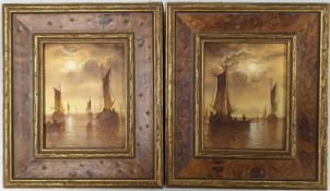 Dutch School, pair of oils on board, Fishing boats at sunset, 8.5 x 6.5cm