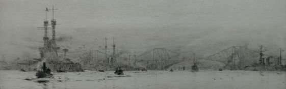 William Lionel Wyllie (1851-1931), etching, Battleships before the Forth Bridge, signed in pencil,