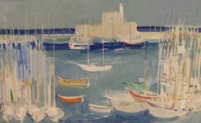 Frank Archer, RWS, RE, ARCA, (1927-2016), watercolour with gouache, "Greek Harbour", signed and