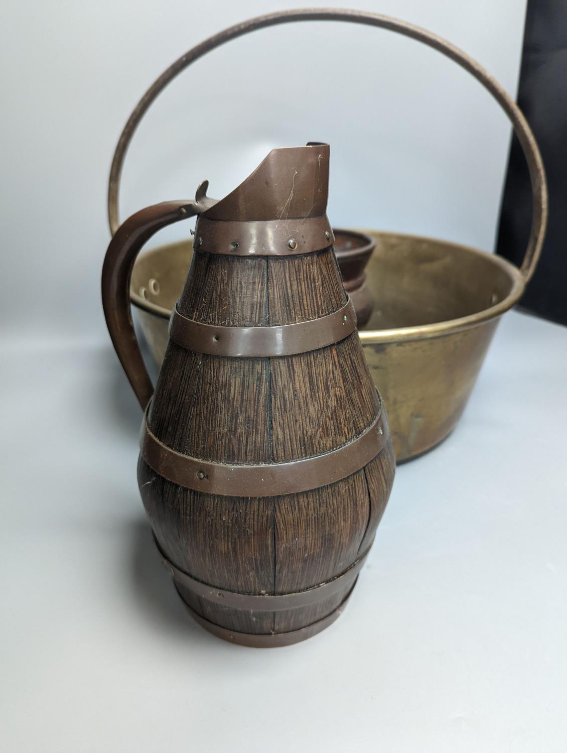 A studded copper pail, a coopered oak jug and other copper and brass warescoopered jug 28cm high - Image 3 of 4