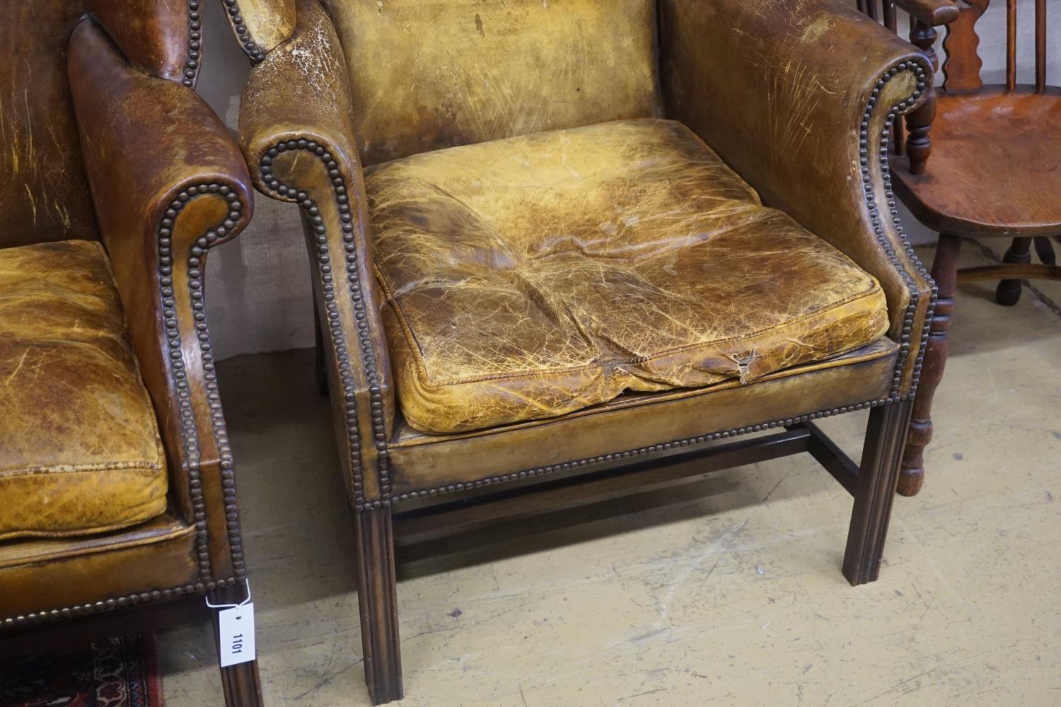 A pair of George III style tanned leather wing armchairs - Image 4 of 4