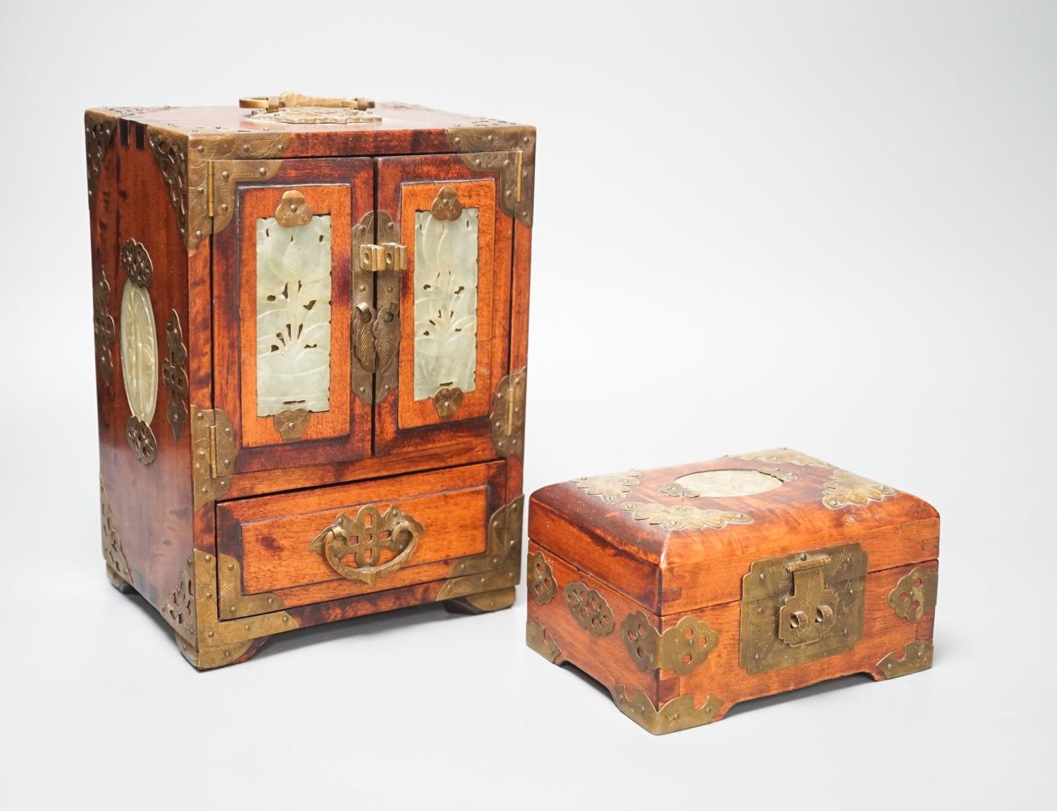 A Chinese brass-mounted table cabinet, height 22cm and a similar jewellery box