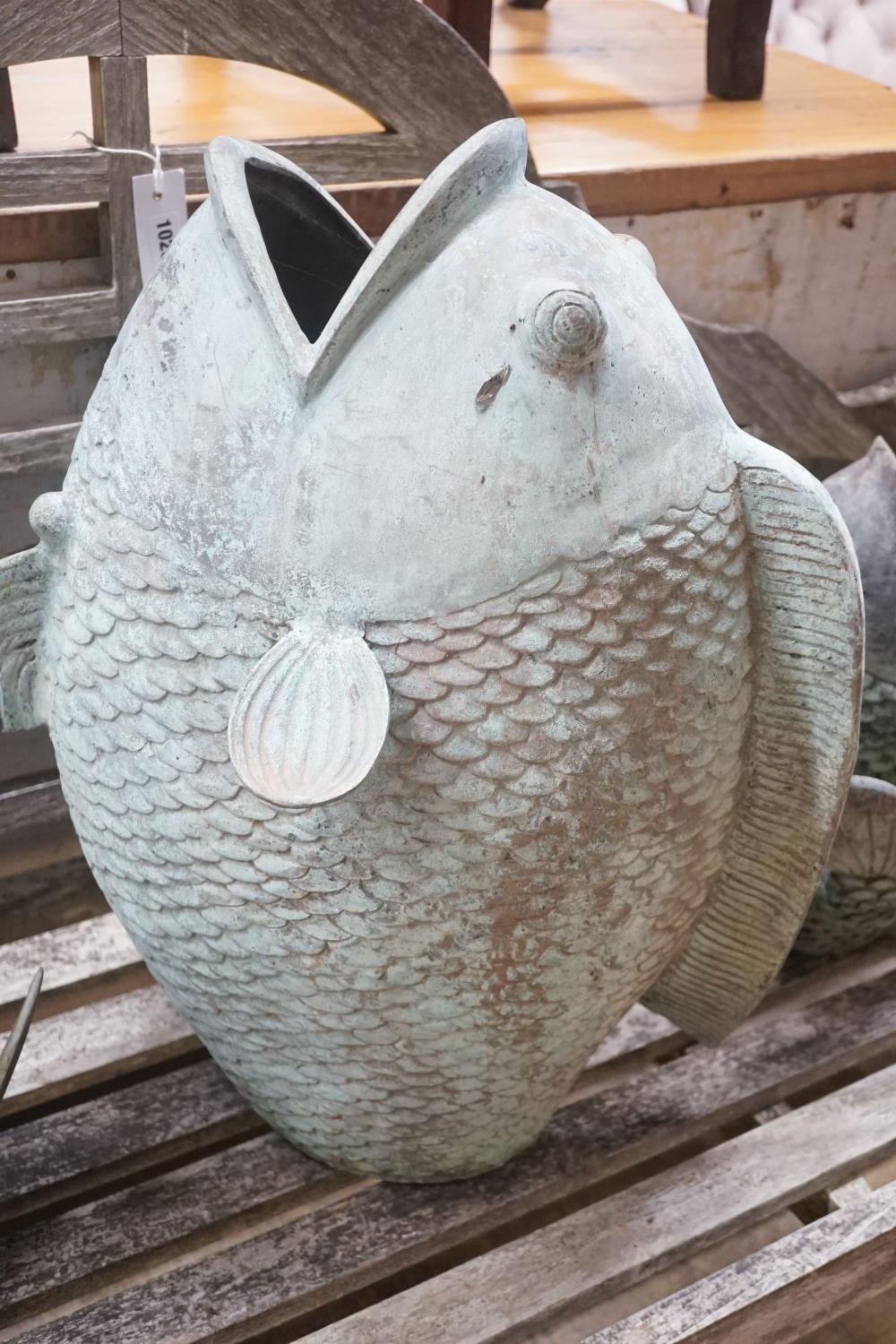 Three cast metal carp garden ornaments, largest 60cm height 46cm - Image 4 of 6