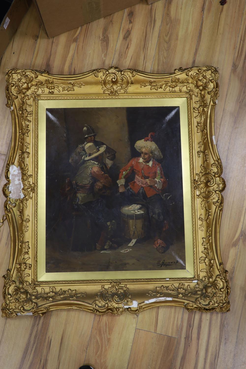 Italian School c.1900, oil on canvas, Cavaliers playing cards, indistinctly signed, 63 x 52cm - Image 2 of 4