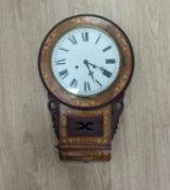 An American marquetry drop dial wall clock, 27cm enamelled dial, with key and pendulum
