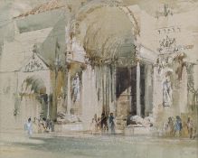 John Carter, watercolour, Cathedral entrance, Fidenza, signed with Exhibition label verso, 30 x