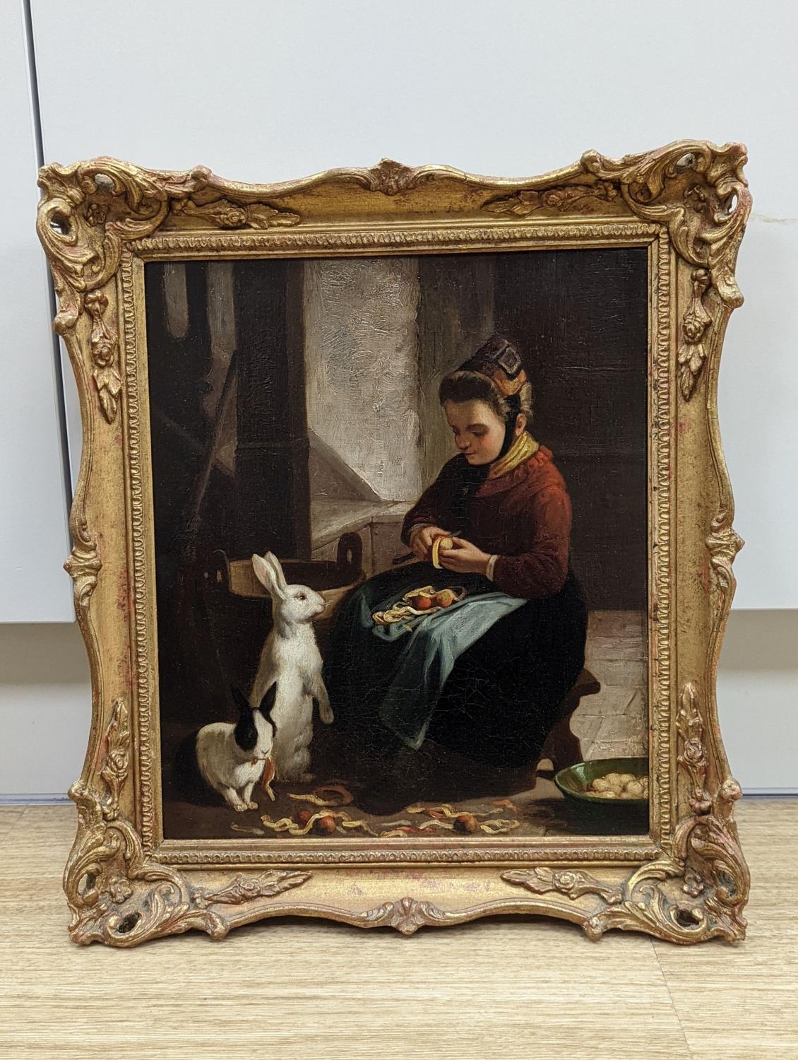 Victorian School, oil on canvas, Woman peeling apples surrounded by rabbits, 31 x 26cm - Image 2 of 3