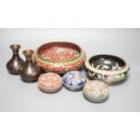 A group of Chinese cloisonné enamel dishes, boxes and a pair of vases, early 20th century and later,