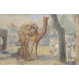 Anne Benthall (Exh.1919), watercolour, Camel and figures, North Africa, inscribed verso, 22 x 35cm