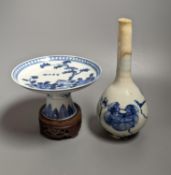 A 19th century Chinese blue and white stem dish, 14cm diameter and a Japanese or Korean art