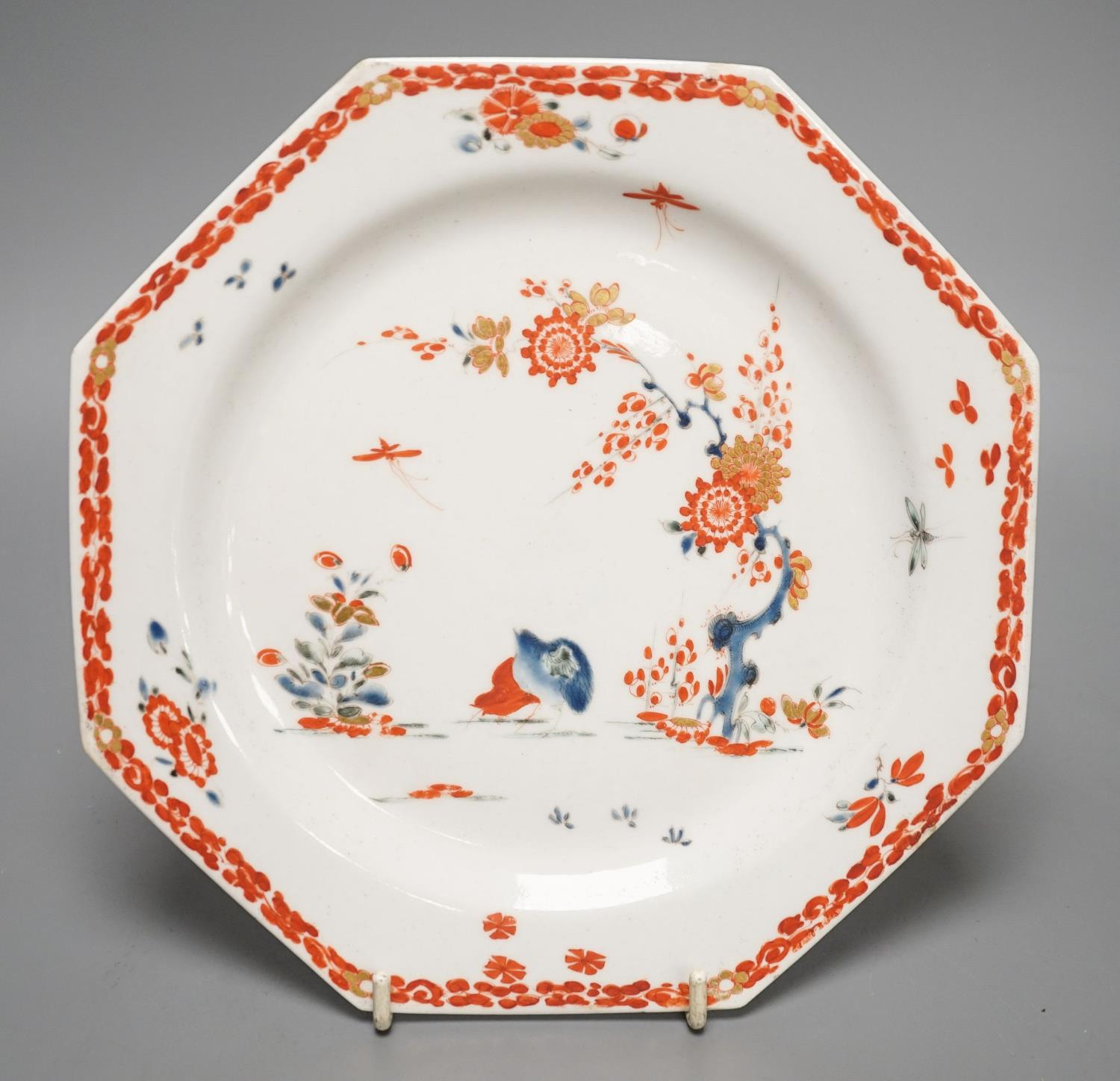 A good Bow octagonal plate painted in kakiemon style with the Two Quail bowl pattern c. 1755-58,