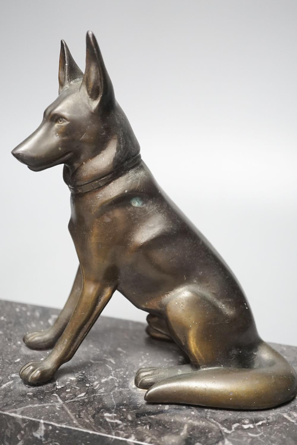 An Art Deco patinated spelter German Shepherd group, 40cm - Image 2 of 4