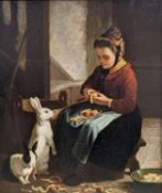 Victorian School, oil on canvas, Woman peeling apples surrounded by rabbits, 31 x 26cm