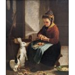 Victorian School, oil on canvas, Woman peeling apples surrounded by rabbits, 31 x 26cm