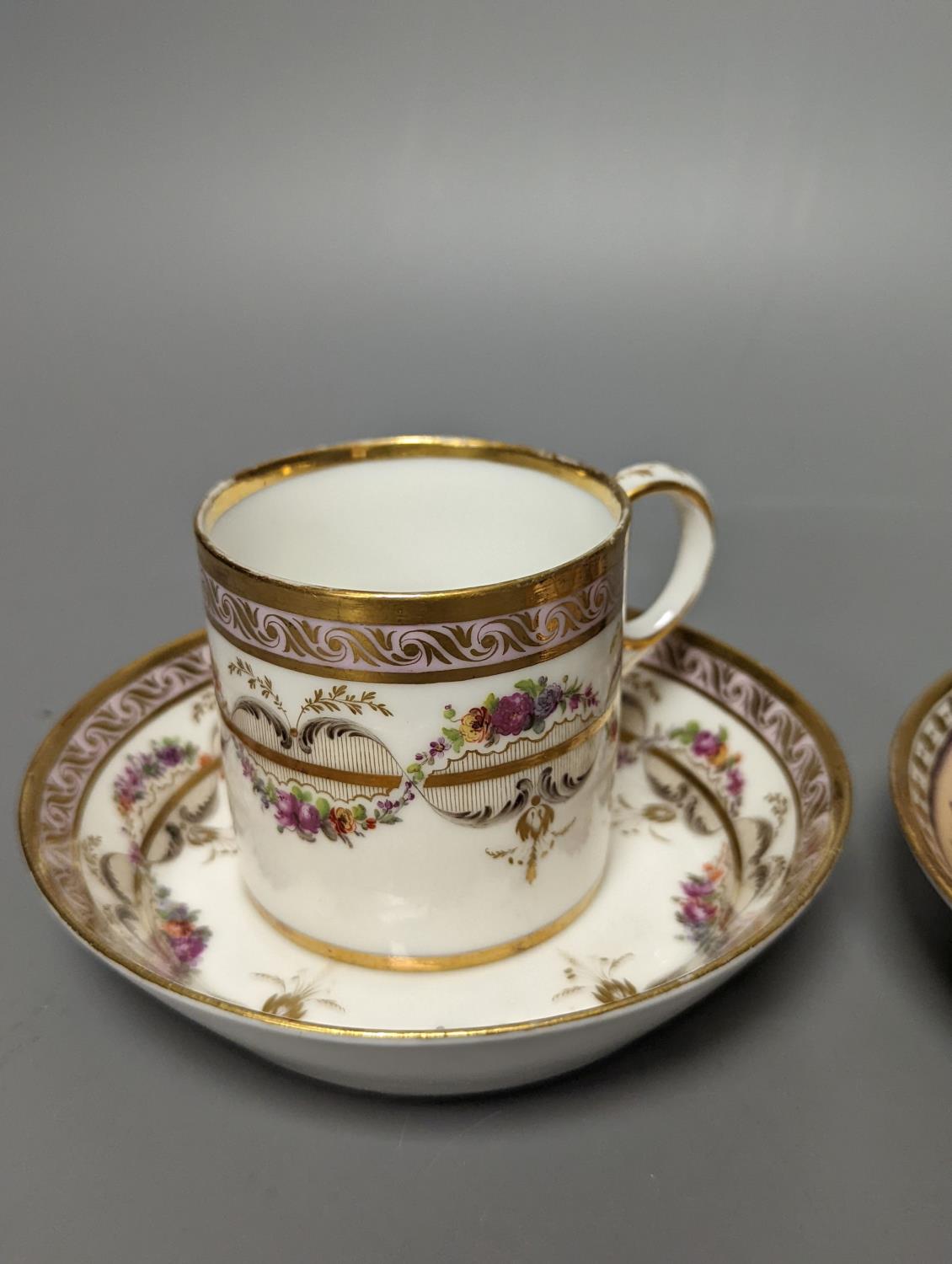 A Duc d'Angouleme coffee can and saucer painted with a puce chain of leaves on a salmon coloured - Image 2 of 3