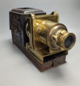 A cased tinplate and pressed brass Magic Lantern, Case 46 cm long