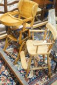 An early 20th century metamorphic child's high chair, together with a Victorian Windsor high chair