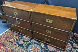A pair of reproduction oak brass mounted military style bedside chests, width 58cm, depth 35cm,