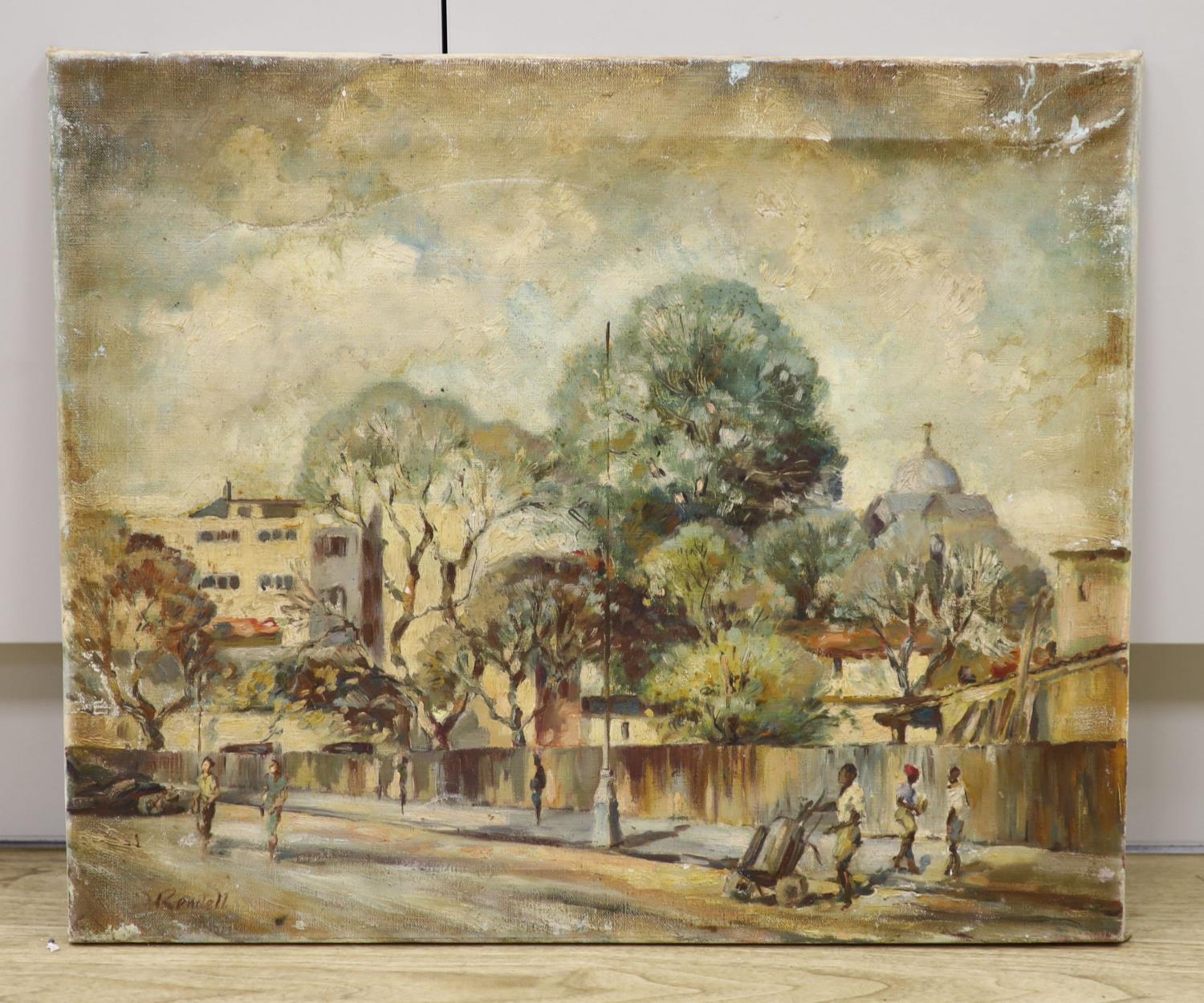 J. Rendell, oil on canvas, 'Behind Meikles Hotel, Manica Road, Rhodesia', signed and inscribed - Image 2 of 4