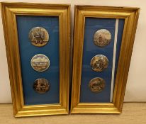 Two framed groups of three pot lids, Dr Johnson, The Harbour Margate, a pair, and The Game Bag,