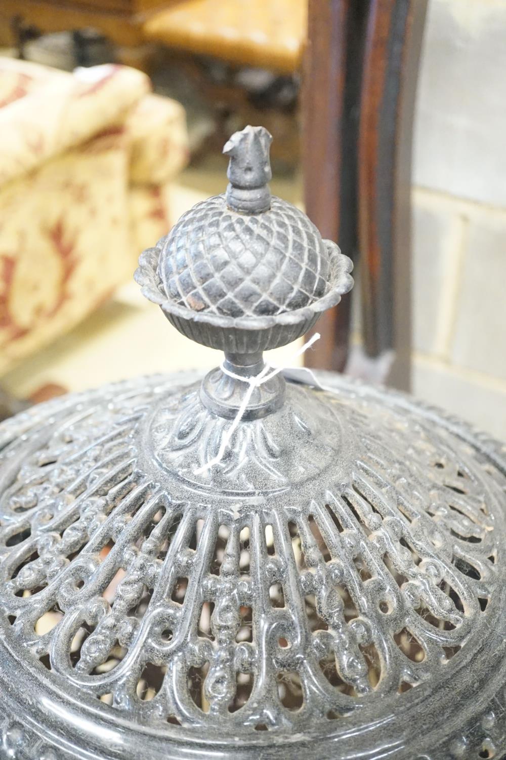 A French pierced enamel cylindrical cast iron conservatory heater, height 110cm - Image 2 of 4